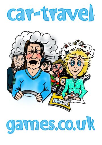 Cover of the car-travel-games.co.uk activity book: a harassed dad at the wheel with the family squabbling behind him